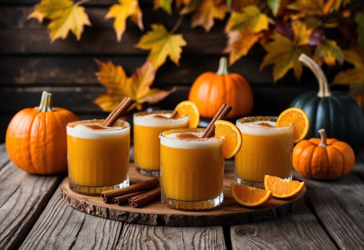 A rustic wooden table with a spread of pumpkin cocktails, garnished with cinnamon sticks and orange slices, set against a backdrop of autumn leaves