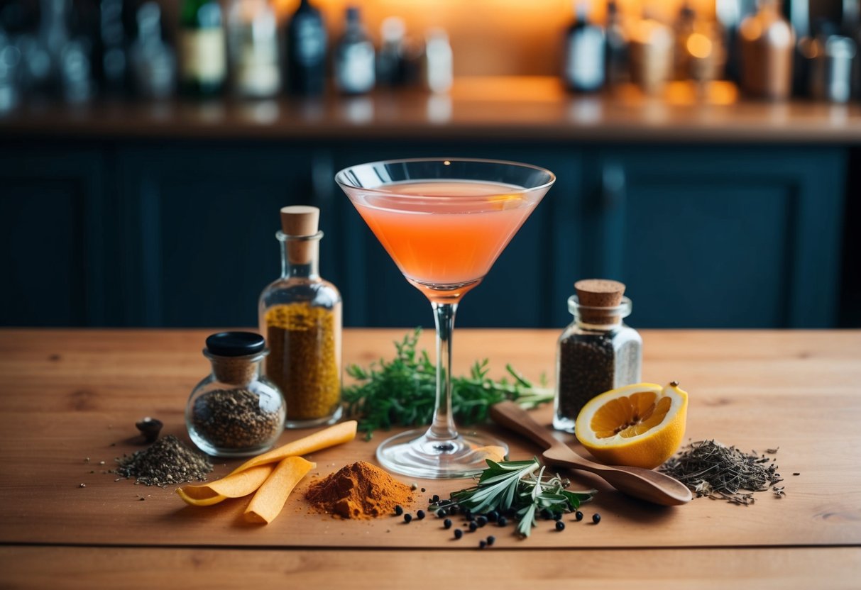 A glass with a cocktail surrounded by various aromatic ingredients such as herbs, spices, and fruit peels on a wooden bar counter