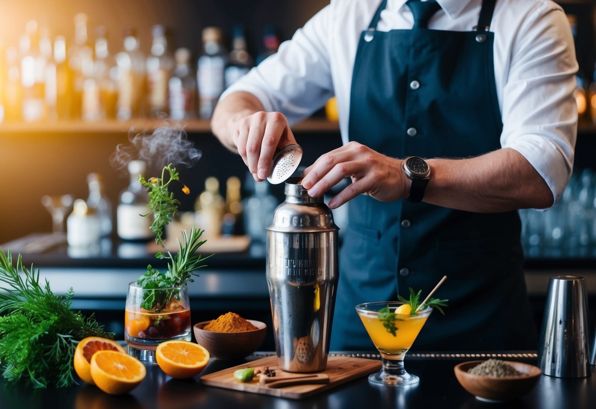 A bartender carefully selects and combines various aromatic ingredients, infusing them into a cocktail shaker. The air is filled with the rich scents of herbs, spices, and fruits as the bartender expertly crafts a visually stunning and aromatic cocktail creation