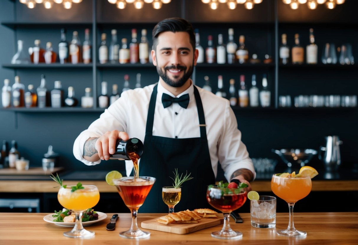 A bartender selects and pairs spirits and cocktails with various foods to enhance flavors