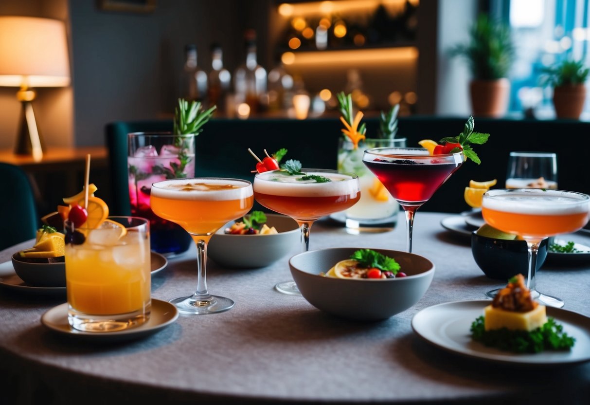 A table set with various cocktails and dishes, with colorful ingredients and garnishes. A cozy atmosphere with soft lighting and elegant glassware