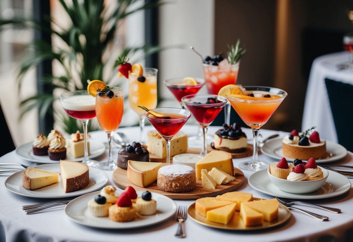 A table set with an array of desserts and cheeses, accompanied by a variety of cocktails in elegant glassware, creating a visually appealing and appetizing scene for an illustrator to recreate