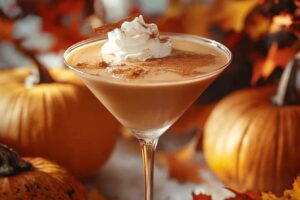 A beautifully presented Pumpkin Spice Martini in a martini glass, garnished with whipped cream and a sprinkle of cinnamon, set against a cozy fall backdrop with pumpkins and autumn leaves.