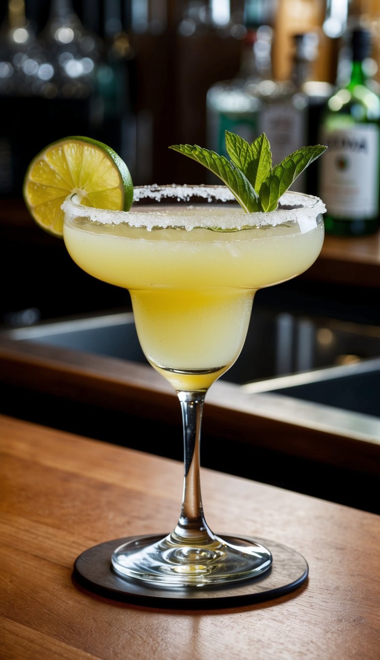 A classic margarita in a stemmed glass, garnished with a salt rim, lime wedge, and a sprig of fresh mint, set on a wooden bar counter