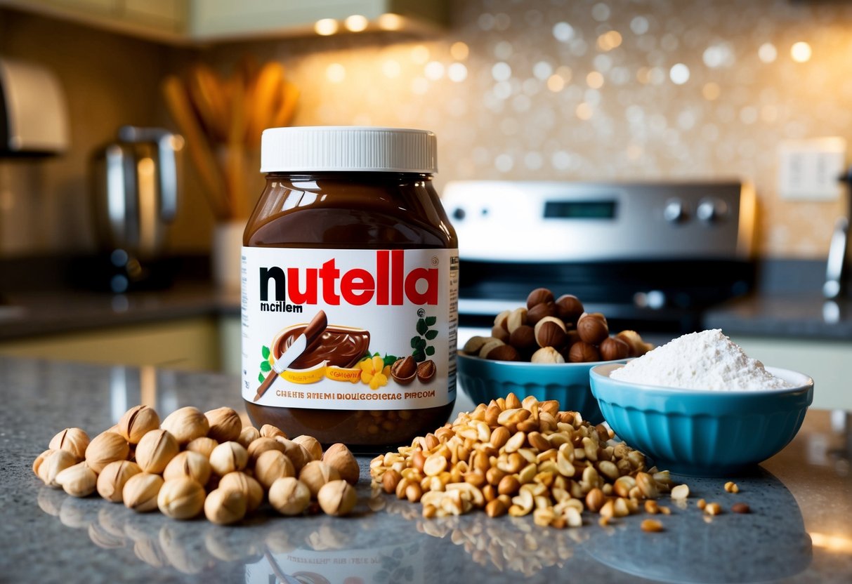 A cozy kitchen with a jar of Nutella, a pile of hazelnuts, and a variety of ingredients for no-bake cookies spread out on the counter