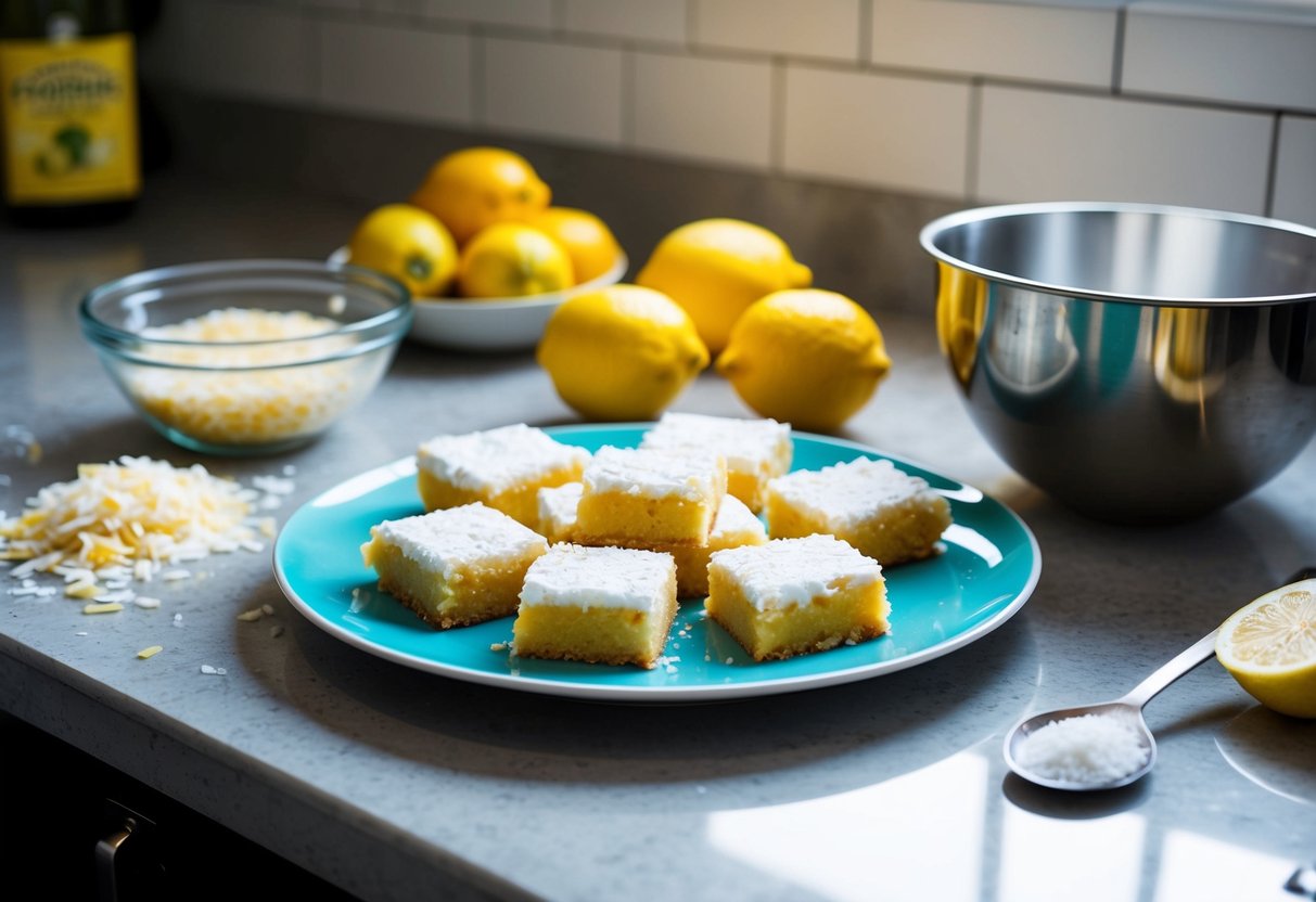 A kitchen counter with a plate of lemon coconut bars surrounded by ingredients like lemons, coconut flakes, and a mixing bowl