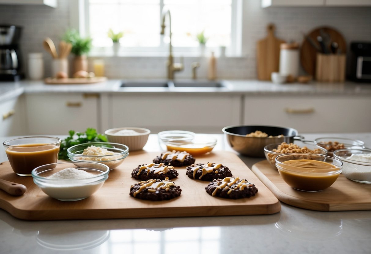 A kitchen counter with a variety of ingredients and utensils laid out for making no-bake cookies, with a focus on the salted caramel crunch recipe