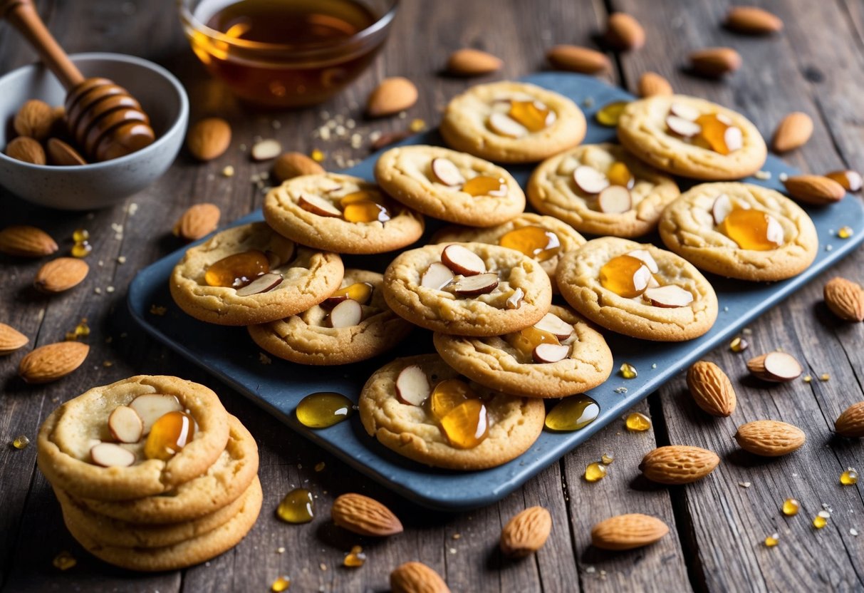 A colorful array of honey almond medley cookies arranged on a rustic wooden table, surrounded by scattered almonds and honey drizzles