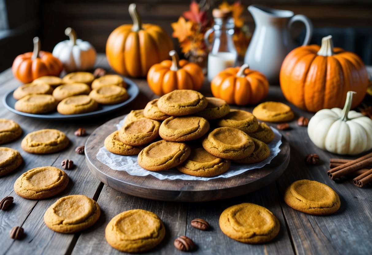 A cozy kitchen scene with a variety of pumpkin spice round cookies displayed on a rustic wooden table, surrounded by fall-themed decor and ingredients