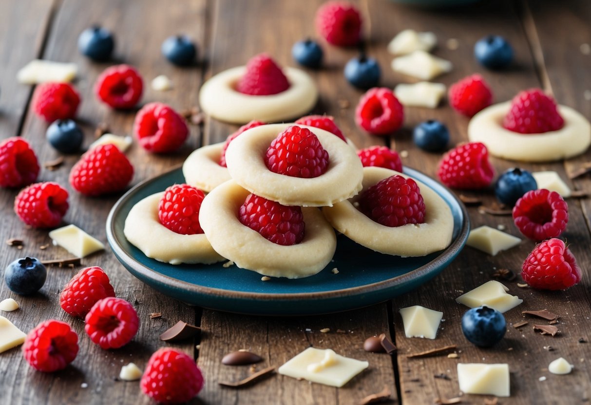 A colorful array of raspberry and white chocolate no-bake cookies arranged on a rustic wooden table, surrounded by fresh berries and chocolate shavings