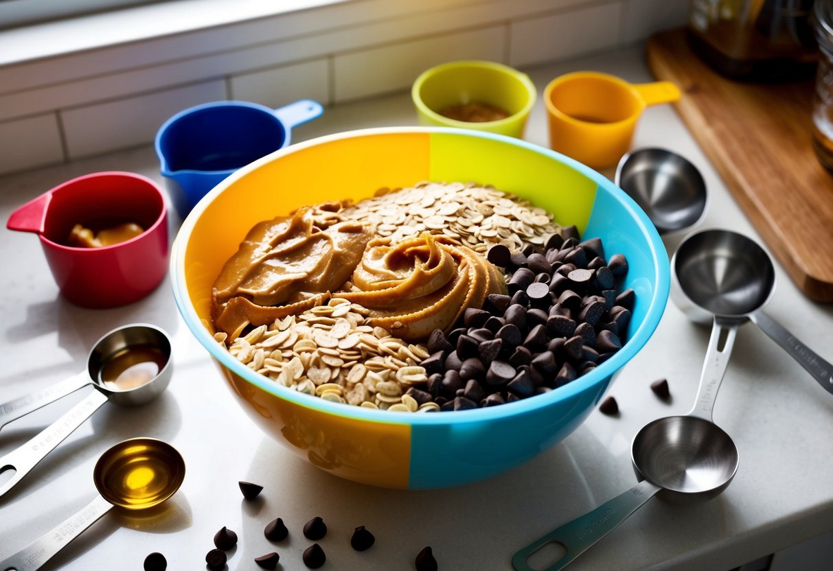 A mixing bowl filled with oats, peanut butter, chocolate chips, and honey, surrounded by measuring cups and spoons, on a kitchen counter