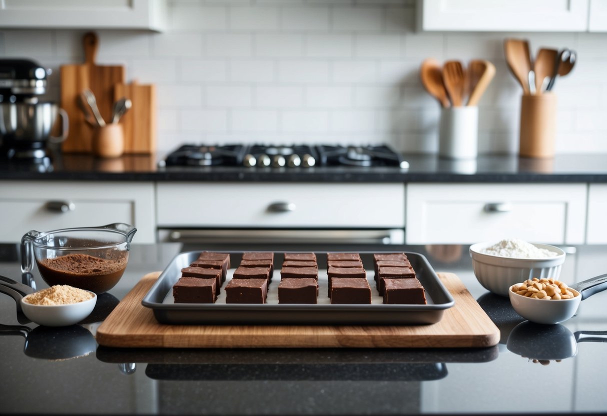 A kitchen counter with a tray of espresso fudge squares surrounded by ingredients and utensils for making no-bake cookies