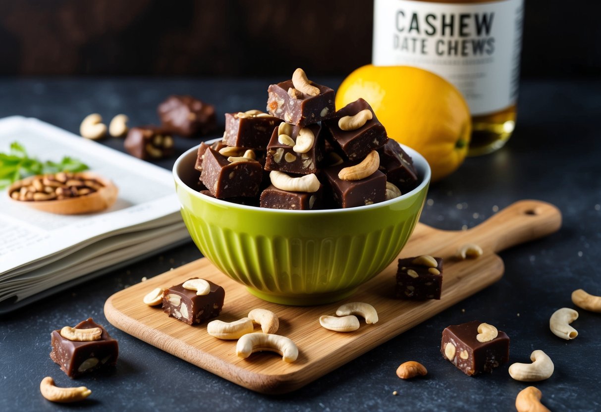 A bowl of cashew date chews surrounded by ingredients and a recipe book