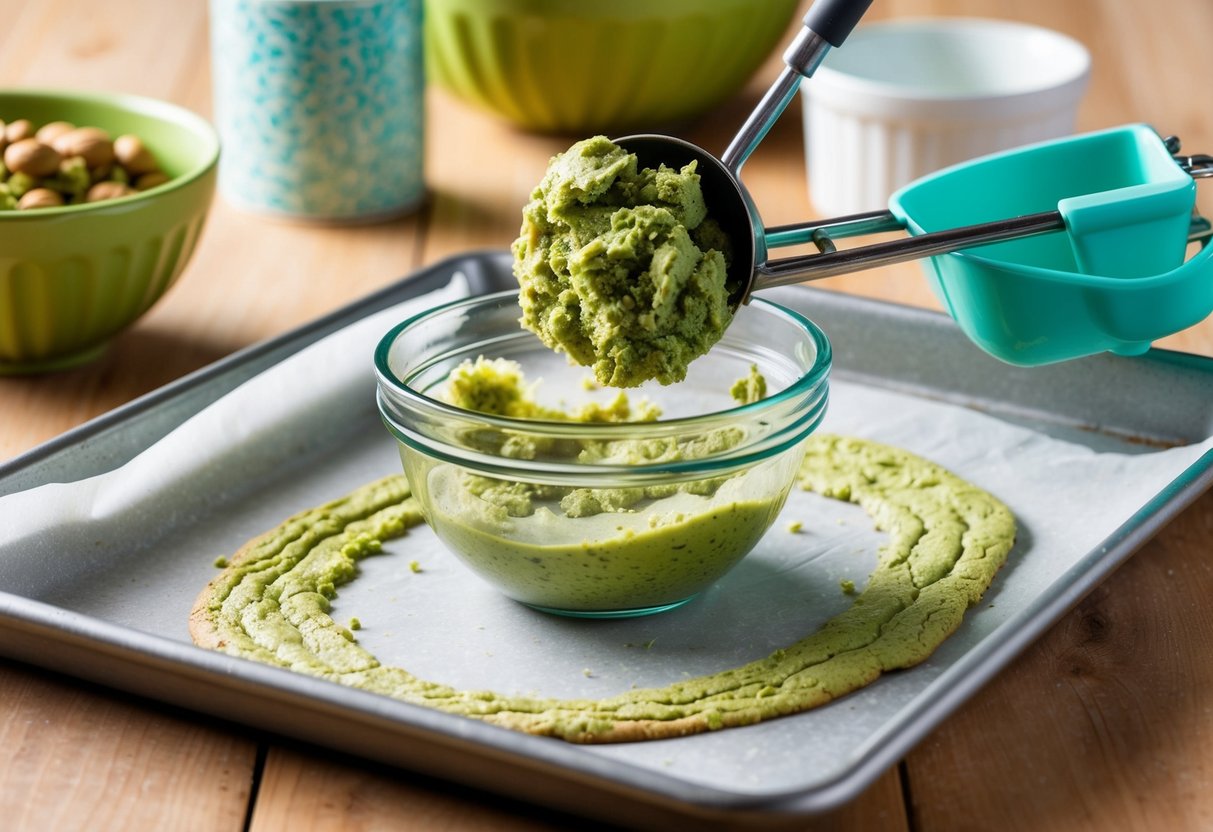 A bowl of matcha almond joy cookie mixture being scooped onto a baking sheet lined with parchment paper